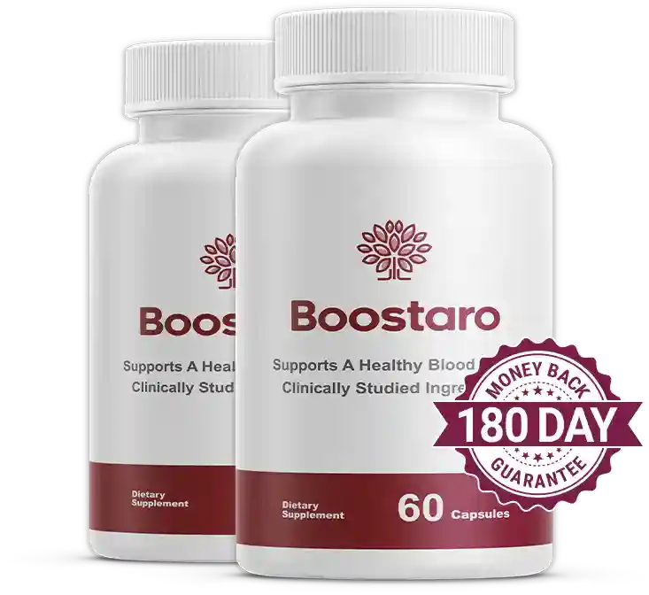 Boostaro natural male vitality supplement bottle with 180-day money-back guarantee badge