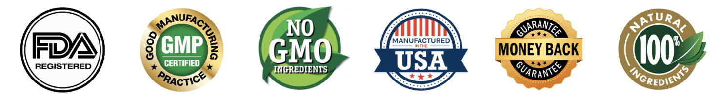 Boostaro trust badges — FDA Registered Facility, GMP certified, non-GMO, 100% natural formula